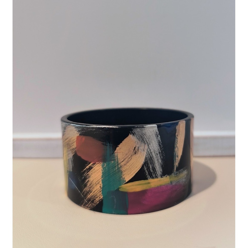 Hand Painted 80s Abstract Lucite Bangle Bracelet Wide Chunky Black Multicolor‎
